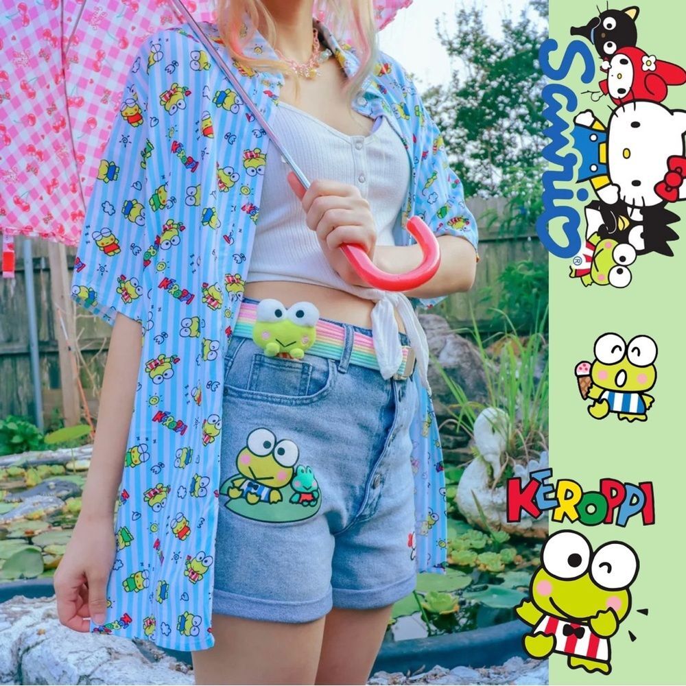 Sanrio Keroppi Frog Jean Denim Shorts Button Fly Cute Kawaii Japanese Size Jr 5